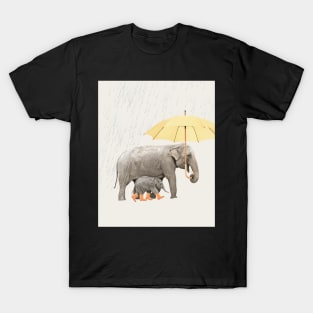 Elephant mother and baby under the rain T-Shirt